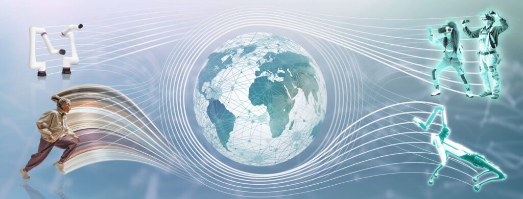 Graphic showing a globe sorrounded by robot arms, humans wearing XR gear, a running person and a robot dog