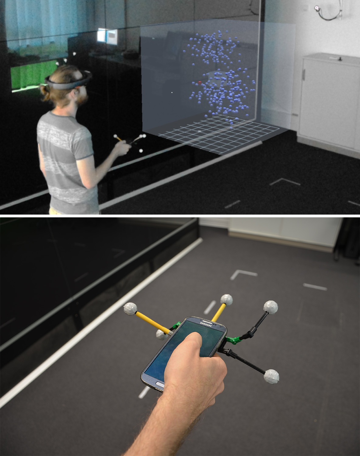 Two photos of a user in a lab setting, exploring data with our prototype.